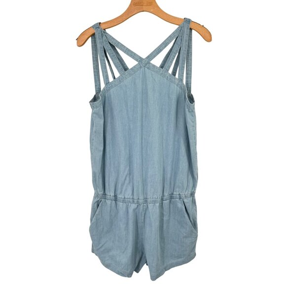 Fabletics Women's chambray Blue Denim Romper Pockets Crisscross Straps sz medium - Picture 2 of 10